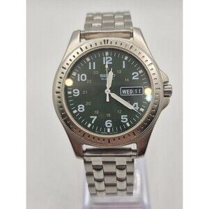 Vintage SEIKO Military Green 7N43-8B00  Watch. New Stainless Steel Band + Batt.